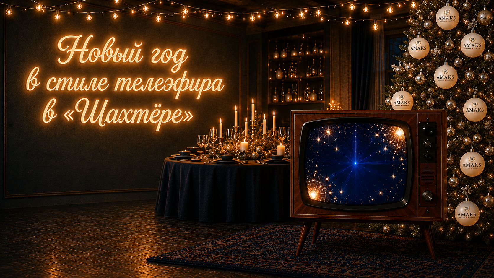 Новогодний интерьер с винтажным телевизором и ёлкой